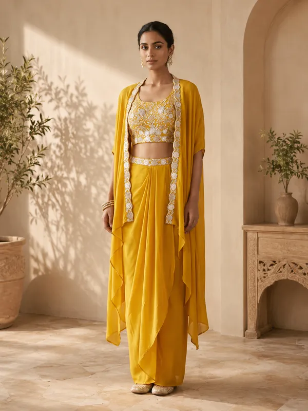 Yellow_Rayon_Draped_Saree_Set_For_Women