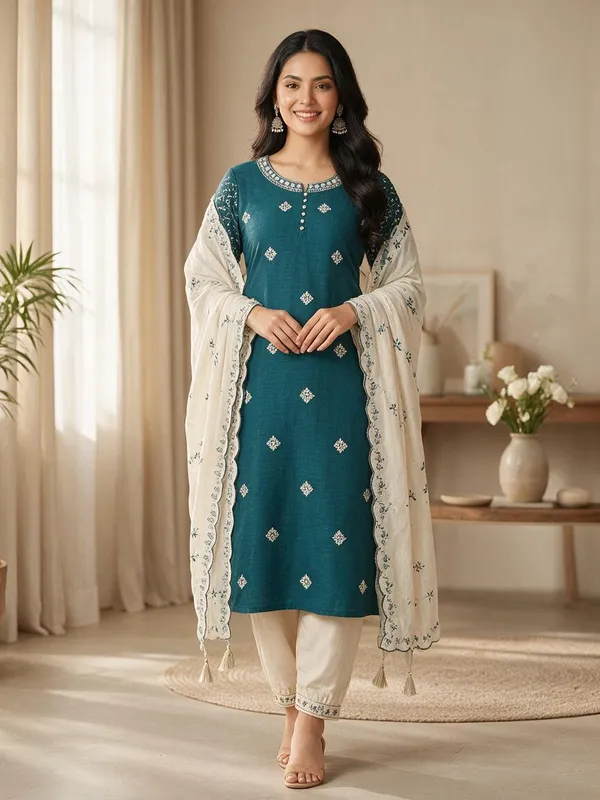 Teal_Vichitra_Silk_Straight_Fit_Salwar_Suit_For_Women