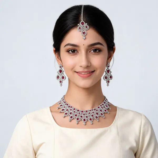 AD_Bridal_Necklace_Set_with_Pink_Ruby_Stones,_Earrings_&_Tika
American_Diamond,_3-Piece_Bridal_Set,_Silver_Tone_Finish,_Matching_Earrings,_Maang_Tika_Included