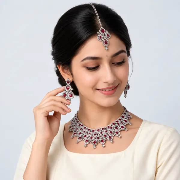 AD_Bridal_Necklace_Set_with_Pink_Ruby_Stones,_Earrings_&_Tika
American_Diamond,_3-Piece_Bridal_Set,_Silver_Tone_Finish,_Matching_Earrings,_Maang_Tika_Included