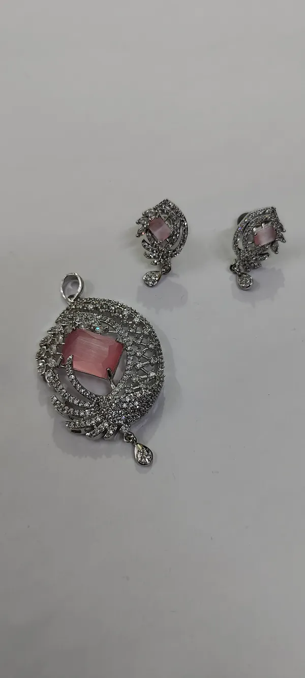 Silver-Tone_Pink_Stone_Pendant_And_Earrings_Set