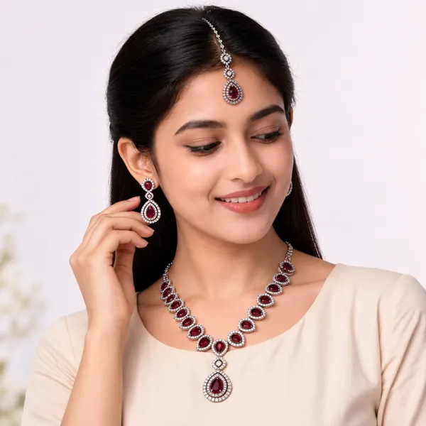 AD_String_Necklace_with_Pink_Ruby_Stones_and_Earrings_Set
Pendant_Style,_Matching_Earrings,_Silver_Tone_Finish,_Teardrop_Stones,