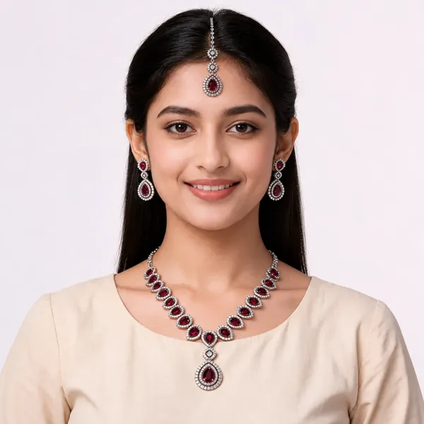AD_String_Necklace_with_Pink_Ruby_Stones_and_Earrings_Set
Pendant_Style,_Matching_Earrings,_Silver_Tone_Finish,_Teardrop_Stones,