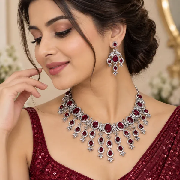 Silver-Tone_ruby_pink_Stone_Necklace_And_Earrings_Set_For_Women