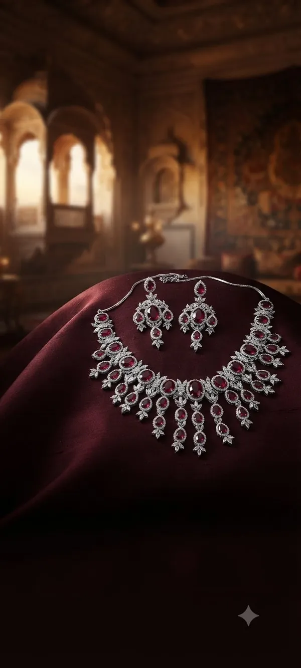 Silver-Tone_ruby_pink_Stone_Necklace_And_Earrings_Set_For_Women