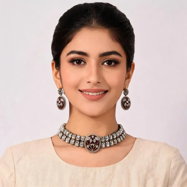 Kundan_Choker_Bracelet_and_Earring_Set,_Brown,_AD_Embellished_Centrepiece_with_Floral_Motif