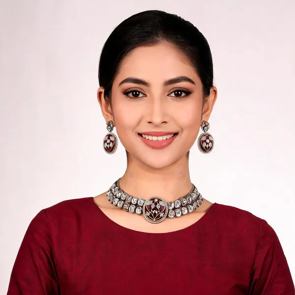 Kundan_Choker_Bracelet_and_Earring_Set,_Brown,_AD_Embellished_Centrepiece_with_Floral_Motif