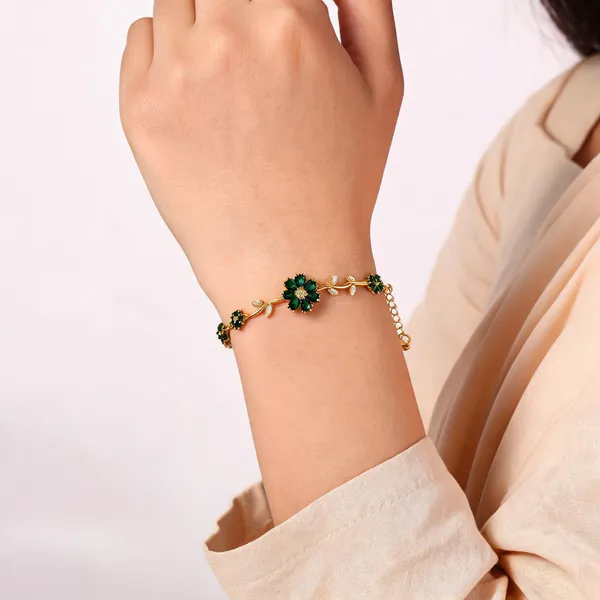 Gold_Tone_Green_Floral_Link_Bracelet_for_Women