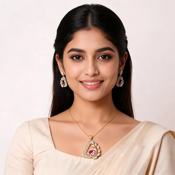 AD_Gold_Tone_Pendant_Set_with_Pink_Ruby_and_Earrings
American_Diamond,_Pear-Cut_Ruby_Stone,_Matching_Earrings,_Gold_Tone_Finish,_Floral_Design