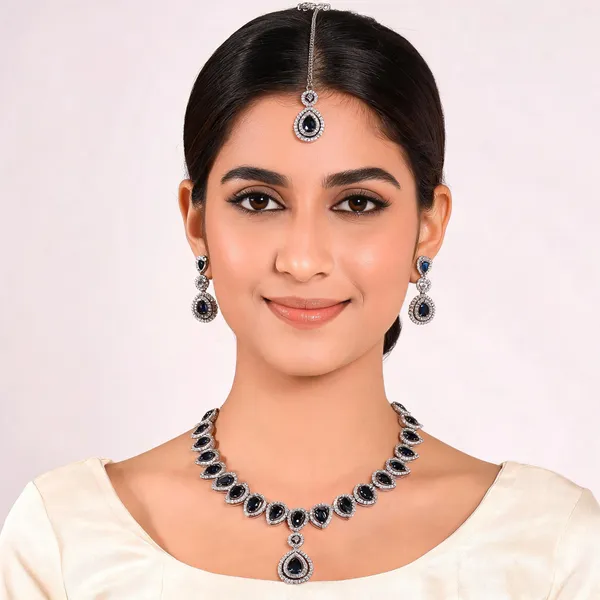 AD_String_Necklace_Set_with_Blue_Stones,_Earrings_and_Tika
Pendant_Style,_Silver_Tone_Finish,_Teardrop_Stones,_3-Piece_Set,