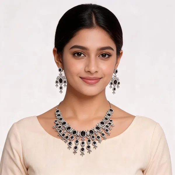 Silver_Tone_Black_Stone_Necklace_Set_For_Women