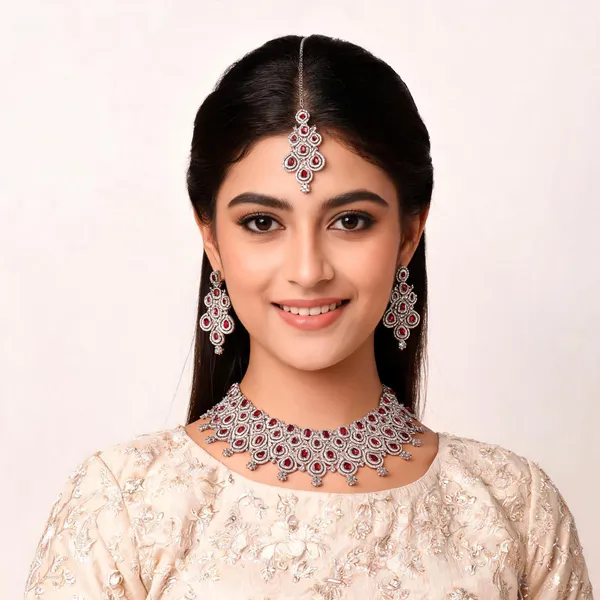 AD_Bridal_Necklace_Set_with_Pink_Ruby_Stones,_Earrings_&_Tika
American_Diamond,_3-Piece_Bridal_Set,_Silver_Tone_Finish,_Matching_Earrings,_Maang_Tika_Included