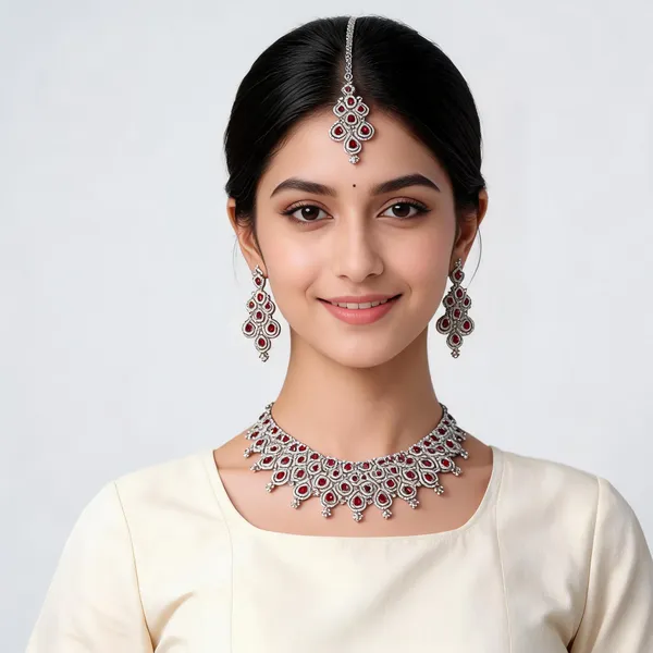 AD_Bridal_Necklace_Set_with_Pink_Ruby_Stones,_Earrings_&_Tika
American_Diamond,_3-Piece_Bridal_Set,_Silver_Tone_Finish,_Matching_Earrings,_Maang_Tika_Included