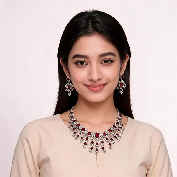 Silver-Tone_Red_Stone_Necklace_And_Earrings_Set_For_Women