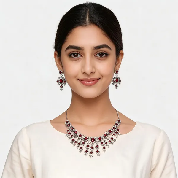 Silver-Tone_Red_Stone_Necklace_And_Earrings_Set_For_Women