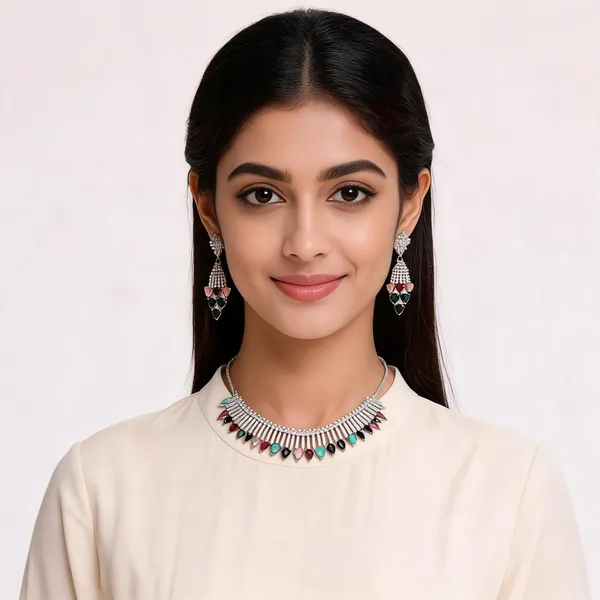Silver_Tone_AD_Necklace_Set_with_Multicolour_Stones_&_
Matching_Earrings_Included,_American_Diamond_AD,__Silver_Tone_Finish,_Necklace_&_Earring_Set