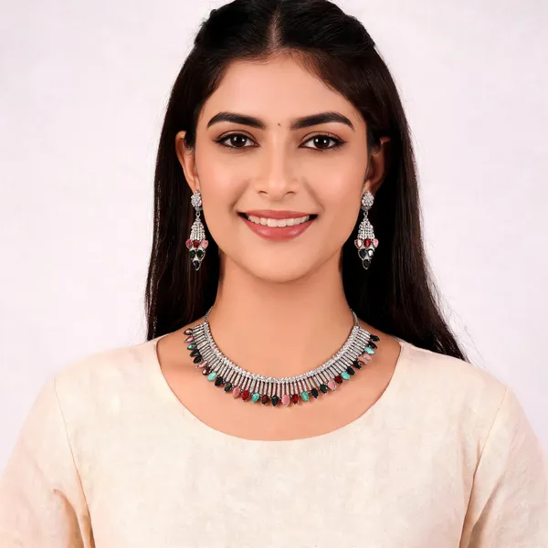 Silver_Tone_AD_Necklace_Set_with_Multicolour_Stones_&_
Matching_Earrings_Included,_American_Diamond_AD,__Silver_Tone_Finish,_Necklace_&_Earring_Set