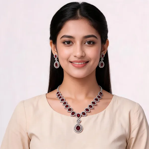 AD_String_Necklace_with_Pink_Ruby_Stones_and_Earrings_Set
Pendant_Style,_Matching_Earrings,_Silver_Tone_Finish,_Teardrop_Stones,