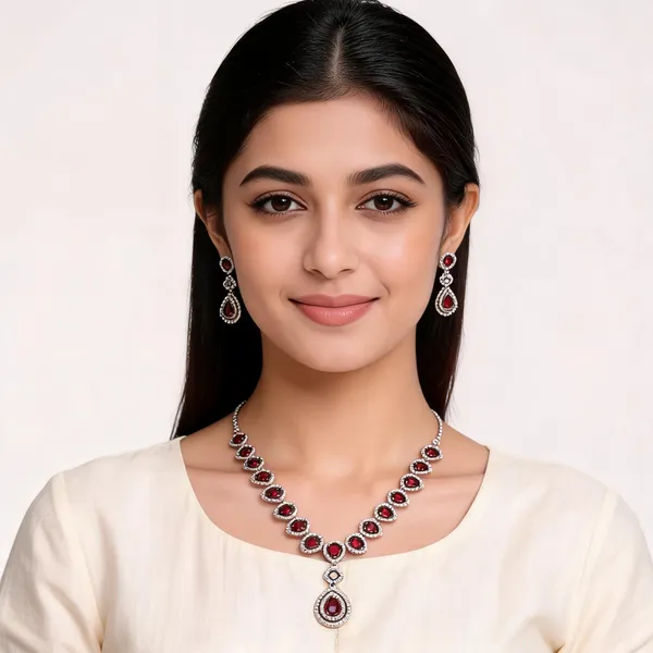 AD_String_Necklace_with_Pink_Ruby_Stones_and_Earrings_Set
Pendant_Style,_Matching_Earrings,_Silver_Tone_Finish,_Teardrop_Stones,