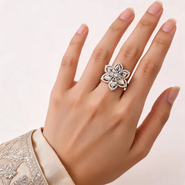 Silver_Tone_Crystal_Floral_Ring_Free_Size