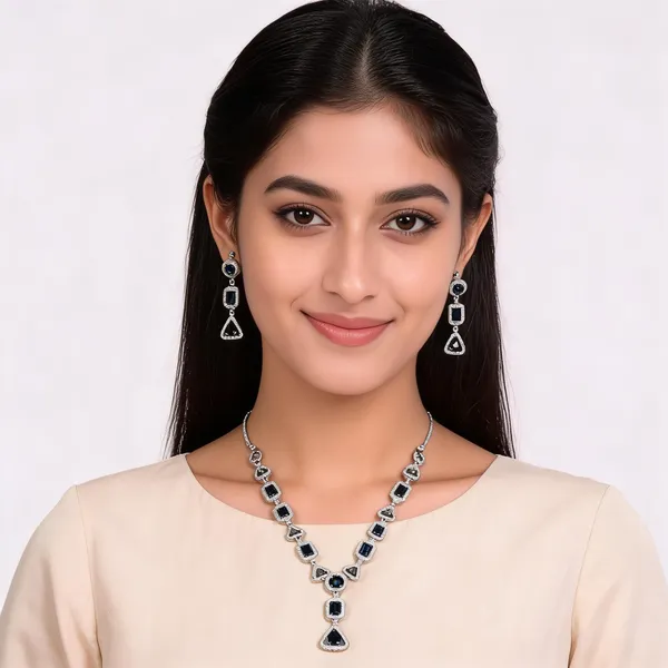 Silver_Tone_Blue_Stone_Necklace_And_Earrings_Set