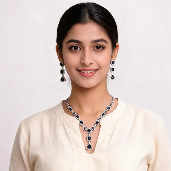 Silver_Tone_Blue_Stone_Necklace_And_Earrings_Set