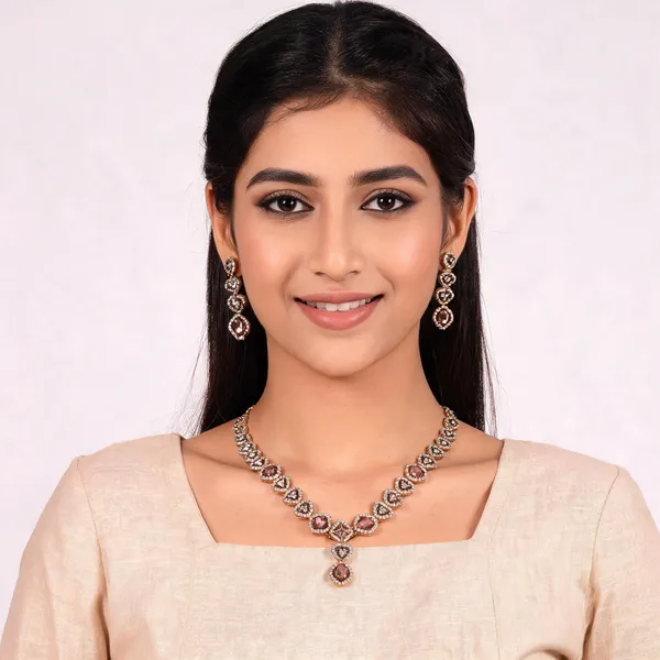 Gold-Tone_Stone_Studded_Necklace_And_Earrings_Set_For_Women
