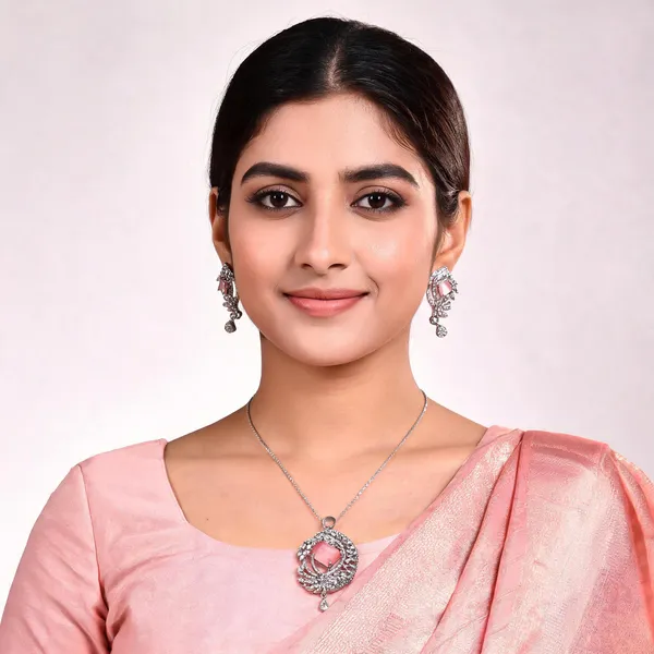Silver-Tone_Pink_Stone_Pendant_And_Earrings_Set