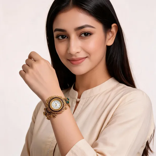 Gold_Tone_Ornate_Bracelet_Watch_With_Green_Stone_Details