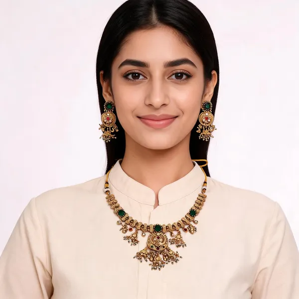 Gold_Tone_Traditional_Necklace_And_Earrings_Set_For_Women