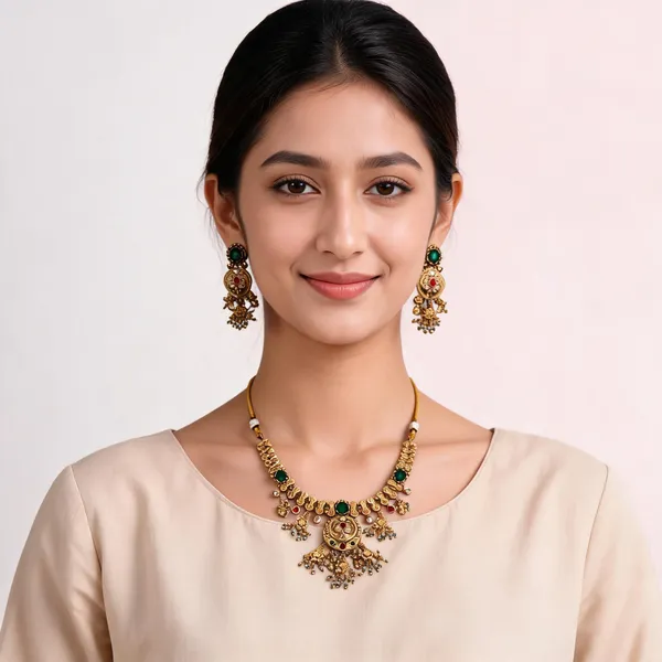 Gold_Tone_Traditional_Necklace_And_Earrings_Set_For_Women