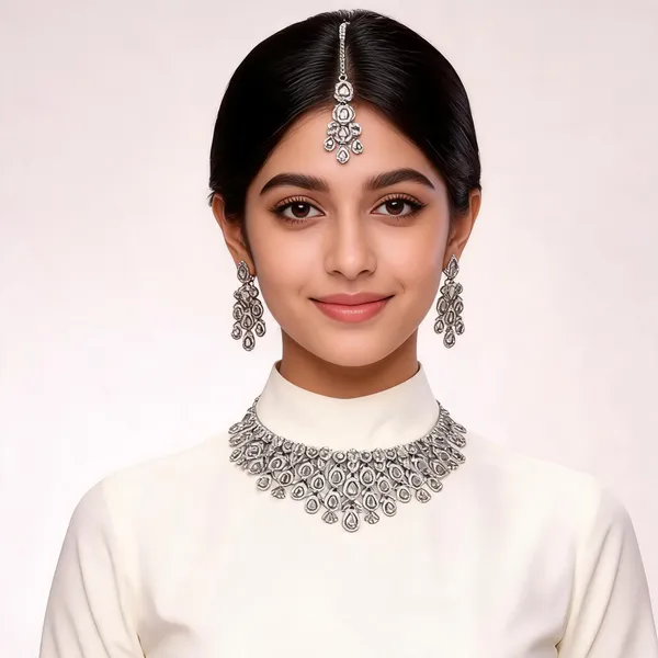 Silver_Tone_Necklace_Earrings_And_Maang_Tikka_Set_For_Women