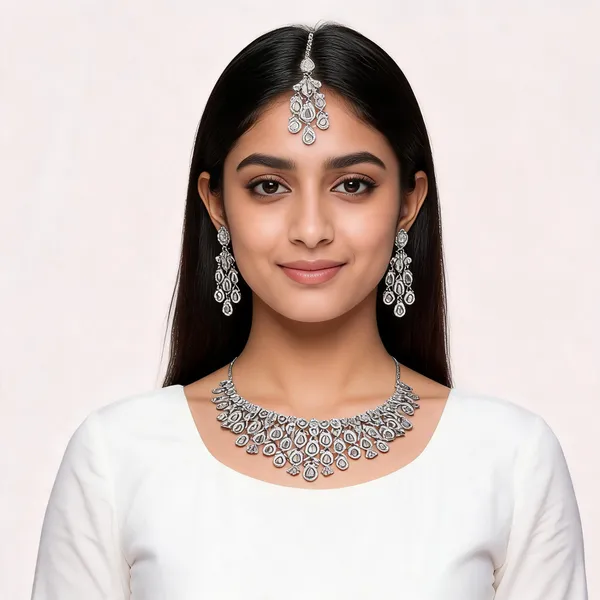 Silver_Tone_Necklace_Earrings_And_Maang_Tikka_Set_For_Women
