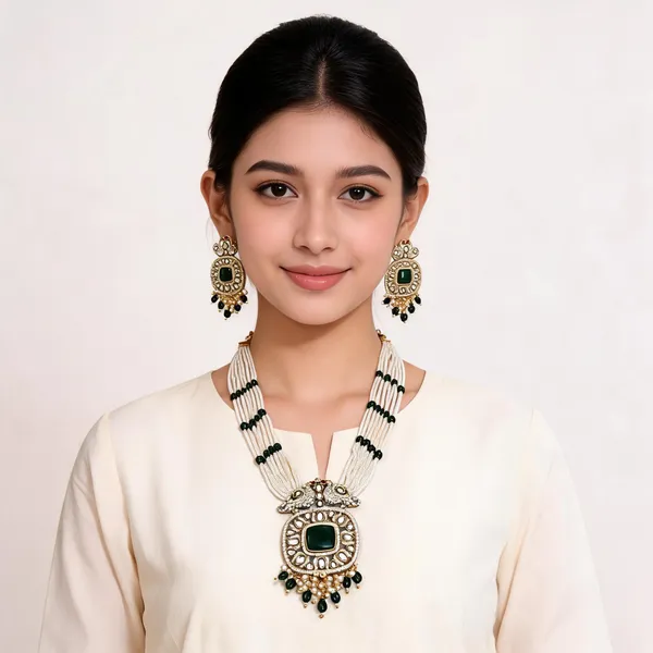 Green_Stone_Gold_Tone_Necklace_And_Earrings_Set