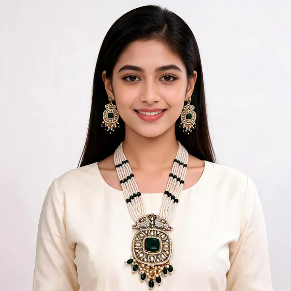 Green_Stone_Gold_Tone_Necklace_And_Earrings_Set