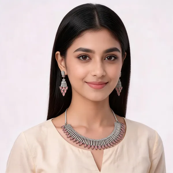 Silver_Tone_Pink_Stone_Necklace_And_Earring_Set