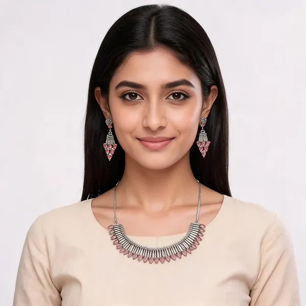 Silver_Tone_Pink_Stone_Necklace_And_Earring_Set