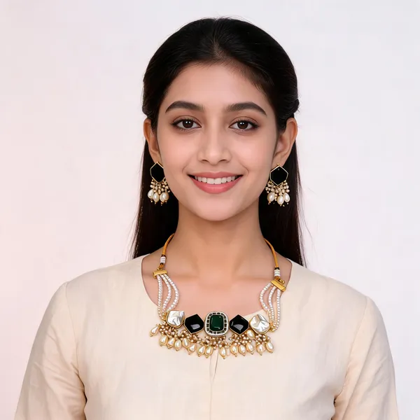 Multi_string_pearl_necklace_with_5_stone_setting_in_mother_of_pearl_and_moissanite_(black_and_green)._Tear_drop_pearl_hangings_and_gold_finish._With_matching_earrings