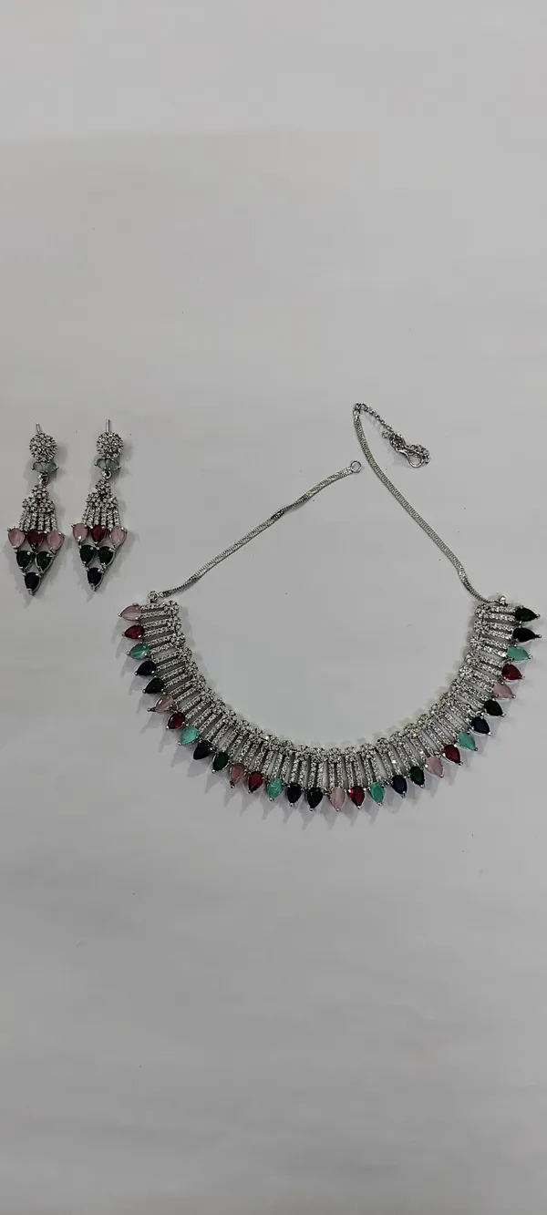 Silver_Tone_AD_Necklace_Set_with_Multicolour_Stones_&_
Matching_Earrings_Included,_American_Diamond_AD,__Silver_Tone_Finish,_Necklace_&_Earring_Set