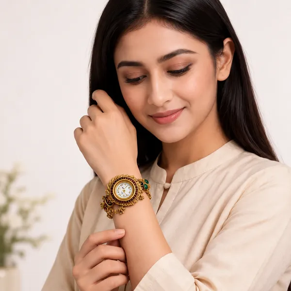 Gold_Tone_Ornate_Bracelet_Watch_With_Green_Stone_Details