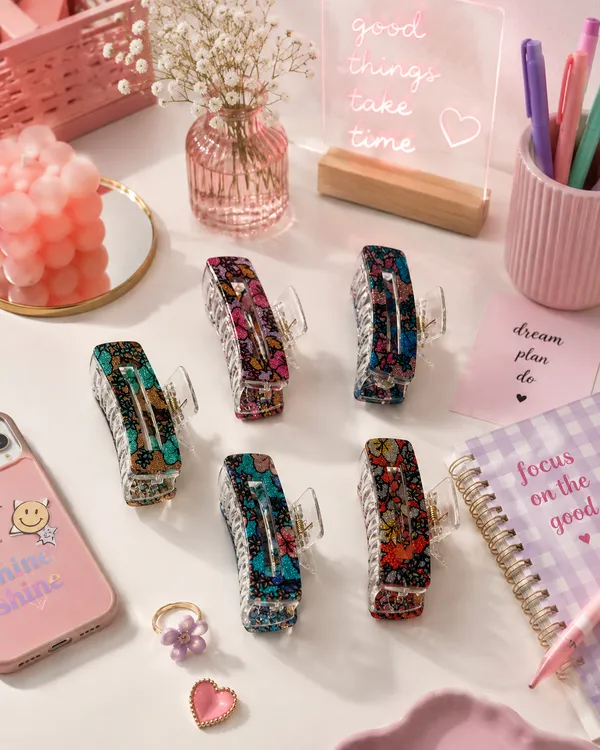 Multicolour_Floral_Pattern_Hair_Claw_Clips_Set_For_Women