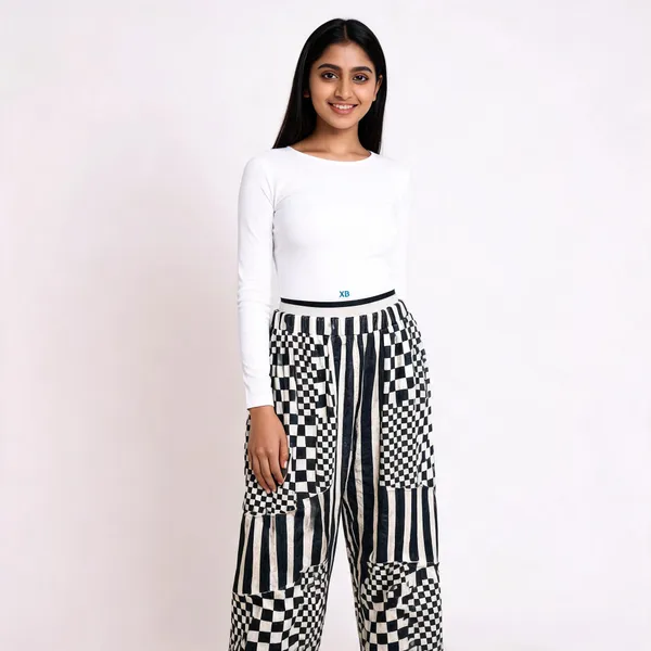 Black_And_White_Viscose_Printed_Wide_Leg_Pants_For_Women