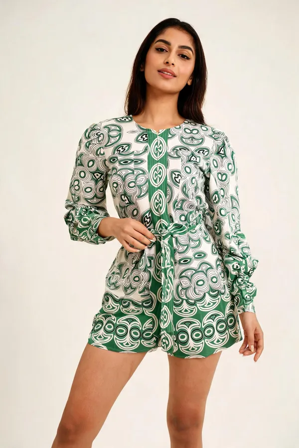Green_White_Viscose_Printed_Long_Sleeve_Romper_For_Women