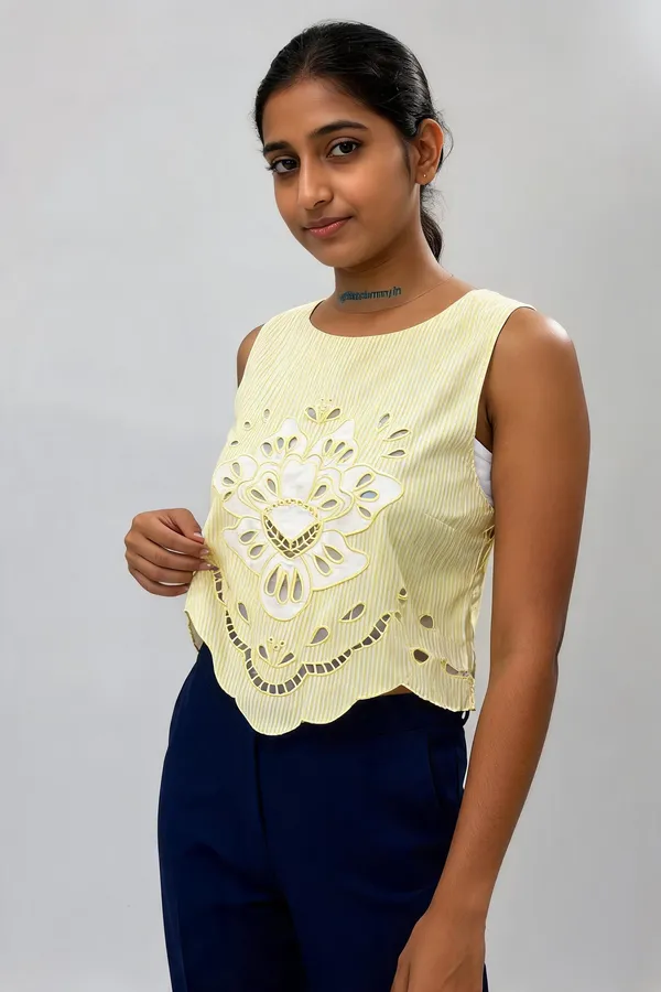 Yellow_Cotton_Sleeveless_Striped_Embroidered_Top_For_Women