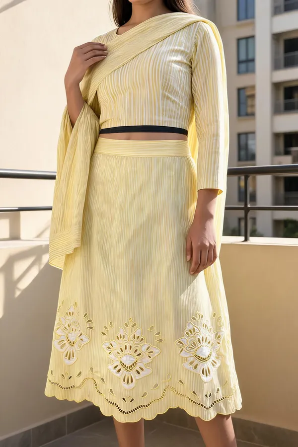 Yellow_Striped_Cotton_Flared_Skirt_For_Women