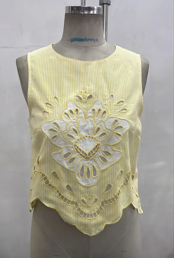 Yellow_Striped_Sleeveless_Embroidered_Top_For_Women