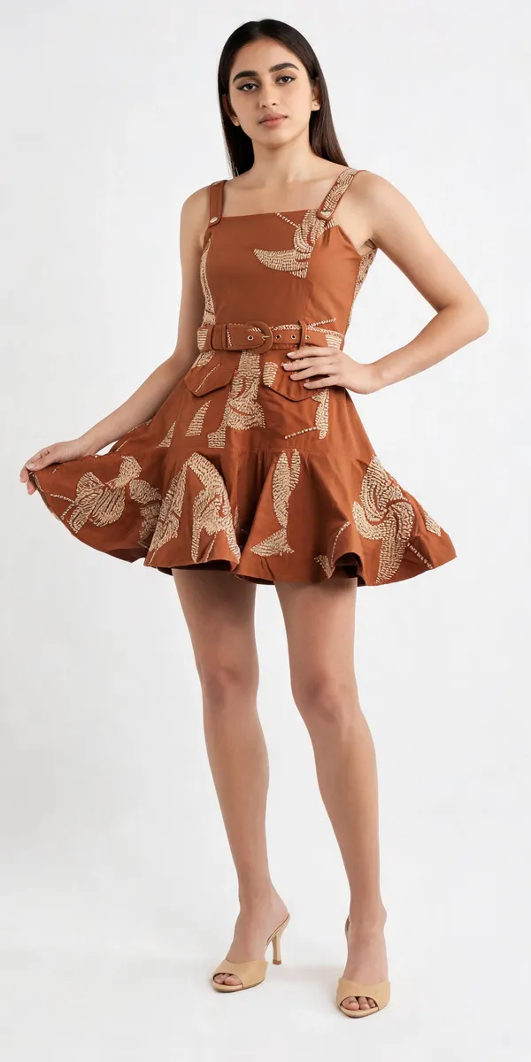 Brown_Cotton_Sleeveless_Embroidered_Flared_Mini_Dress_For_Women