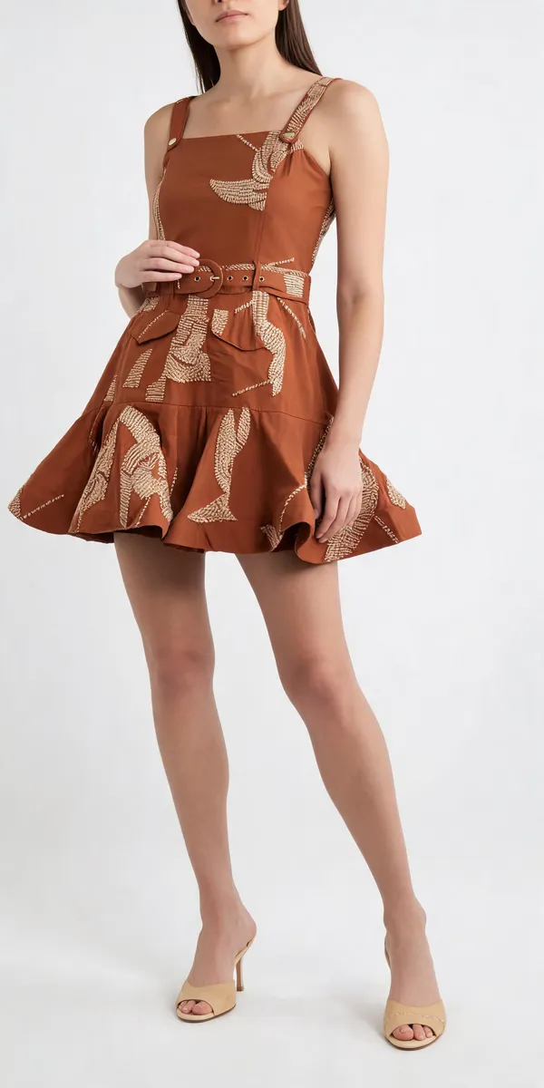 Brown_Cotton_Sleeveless_Embroidered_Flared_Mini_Dress_For_Women