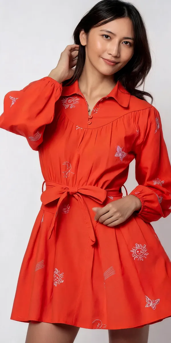 Orange_Cotton_Long_Sleeve_Embroidered_Belted_Mini_Dress_For_Women