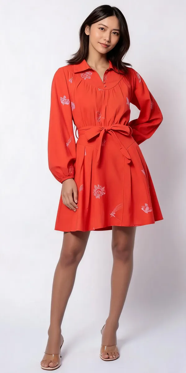 Orange_Cotton_Long_Sleeve_Embroidered_Belted_Mini_Dress_For_Women